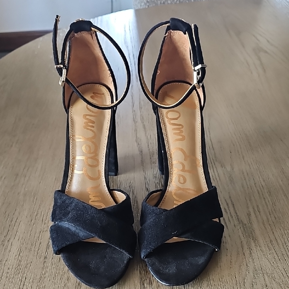 Sam Edelman Black Suede Crisscross Ankle-Strap Block Heels